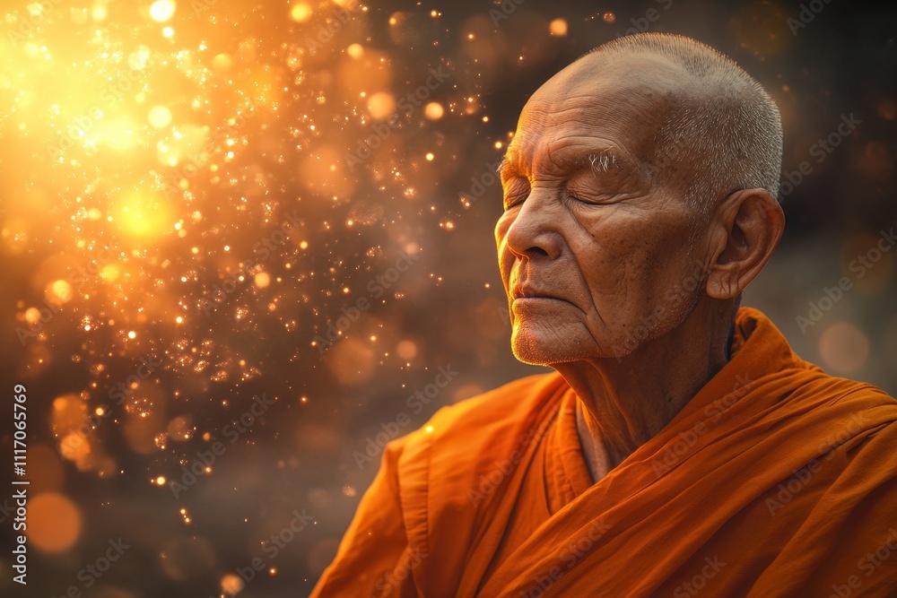 An elderly monk in orange robes is meditating with eyes closed An elderly monk in orange robes is meditating with eyes closed