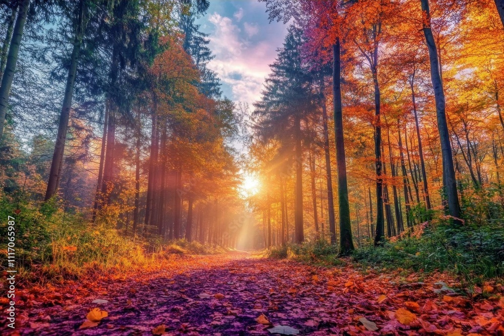 A serene forest path adorned with vibrant autumn foliage and sunlight. A serene forest path adorned with vibrant autumn foliage and sunlight.