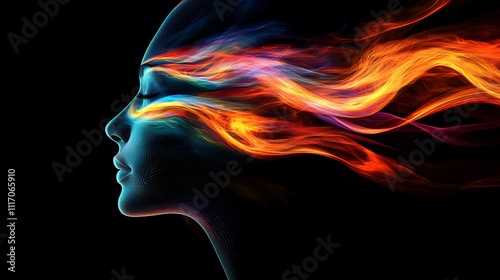 Colorful hair flames a dynamic woman's portrait in studio art