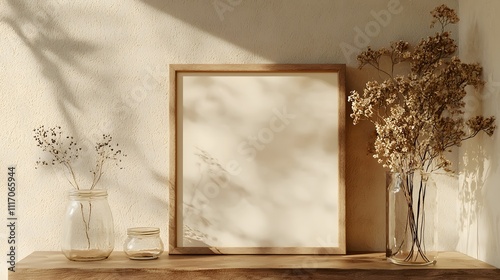 Wooden picture frame mockup placed on the wall countertop in a sunny indoor room