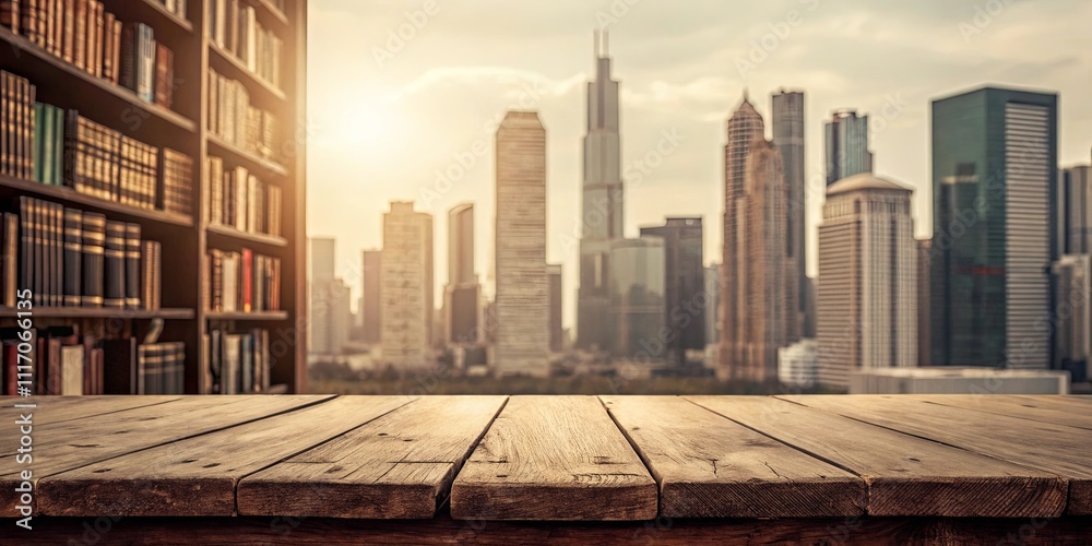 A wooden table with a city view in the background A wooden table with a city view in the background