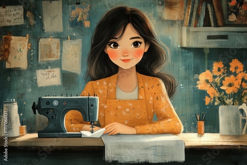 Whimsical young woman sewing at a table with red sewing machine in bright cartoon style soft pastel colors