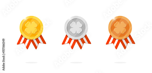 Gaming achievement medal icon set with four leaf clover symbol and red striped ribbon. Winner place gold, silver, bronze ranking and quality medallion in luck theme. Game leader bonus animation badge