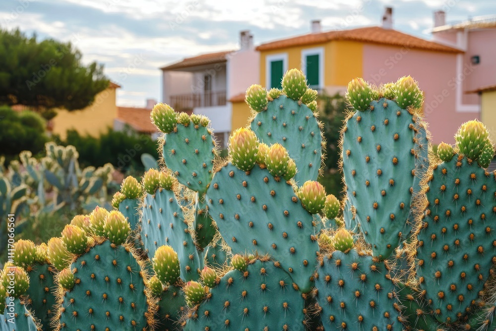 Cacti Close-Up in Warm Sunlight with Suburban Background Cacti Close-Up in Warm Sunlight with Suburban Background