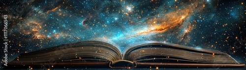 An open book floating in a cosmic galaxy, symbolizing the exploration of knowledge and the universe's mysteries. photo