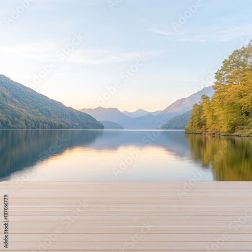 Serene Mountain Lake with Wooden Deck