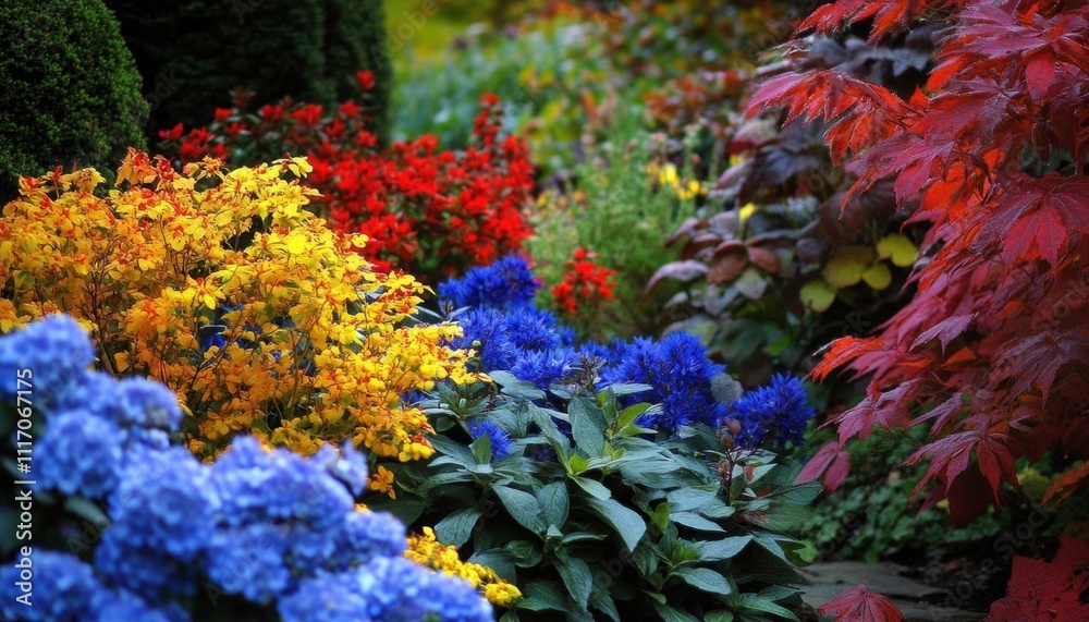 A vibrant garden filled with colorful flowers and lush foliage. A vibrant garden filled with colorful flowers and lush foliage.