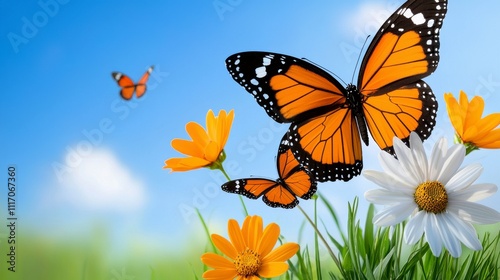 Colorful Butterflies on Vibrant Flowers under Clear Blue Sky