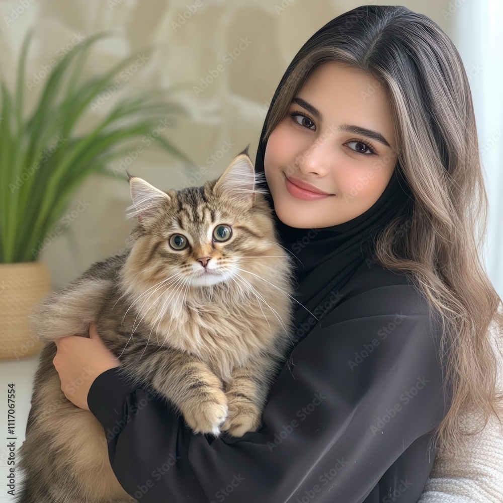 Young Woman in Black Abaya Holding a Fluffy Cat Young Woman in Black Abaya Holding a Fluffy Cat