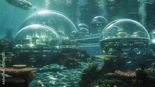 Futuristic city built on the ocean floor with transparent domes and aquatic vehicles photo