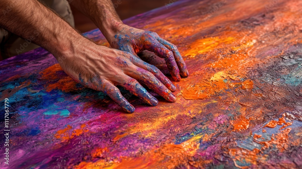 Hands covered in vibrant paint creating texture on a colorful canvas. Hands covered in vibrant paint creating texture on a colorful canvas.