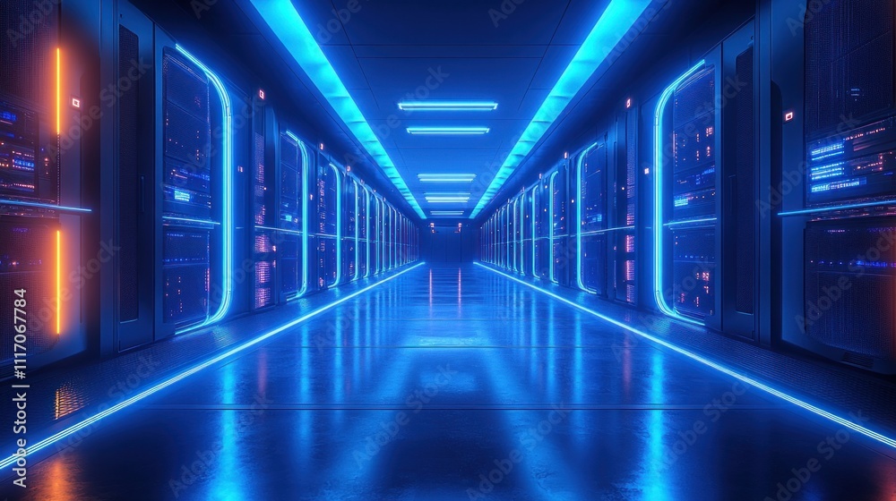 Fototapeta premium Futuristic Server Room in Cyberpunk Style with Neon Lighting and Organized Data Storage