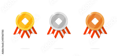 Gaming achievement award medal icon set with Chinese lucky coin and red striped ribbon. Winner place gold, silver, bronze ranking and quality medallion in Asian fortune theme. Game leader bonus badge