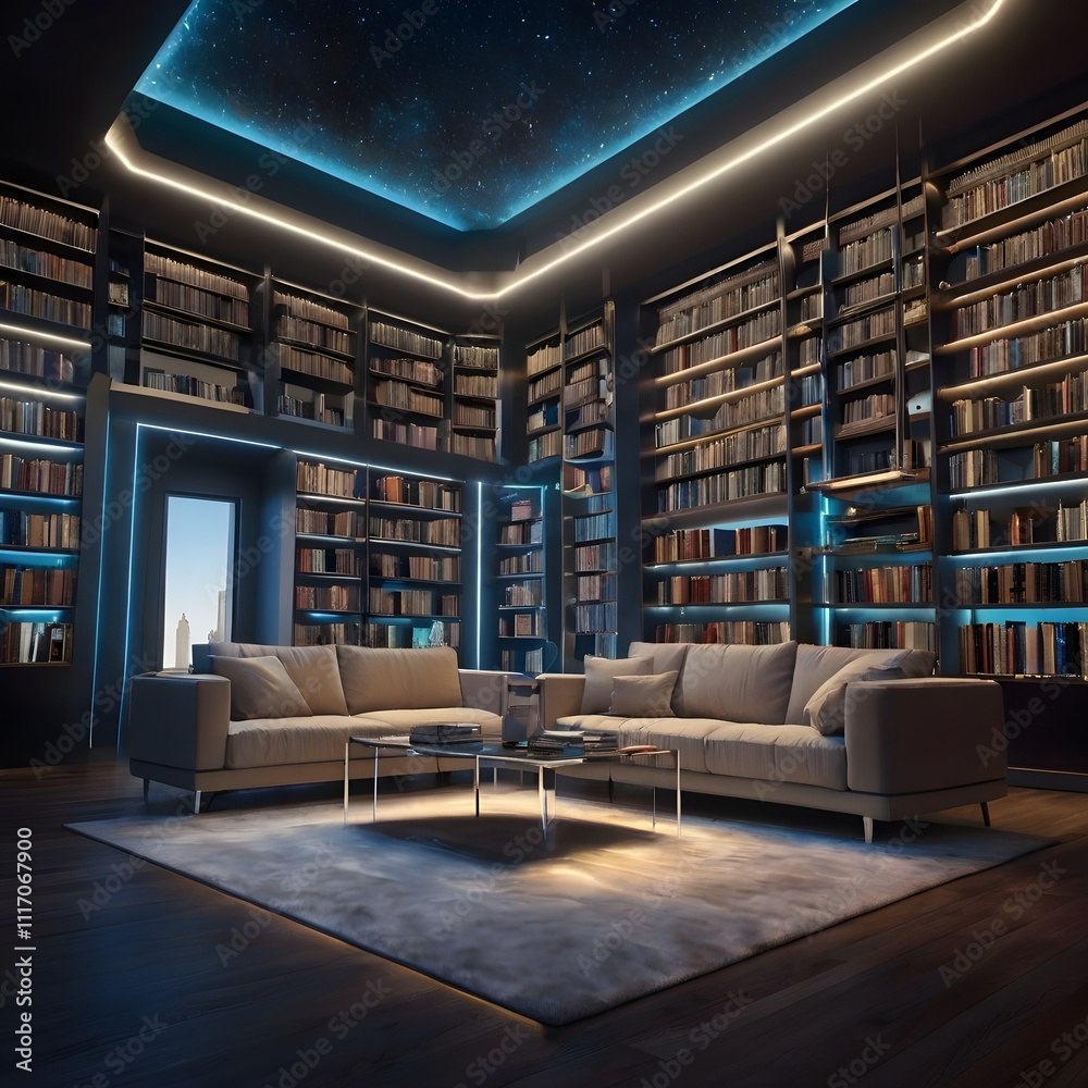 Fototapeta premium A futuristic, AI-driven home library with holographic books floating in mid-air, soft ambient lighting, and a sleek, minimalist design for tech-forward themes, Generative Ai
