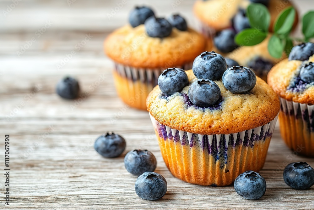 A close up of blueberry muffins with blueberries on top A close up of blueberry muffins with blueberries on top