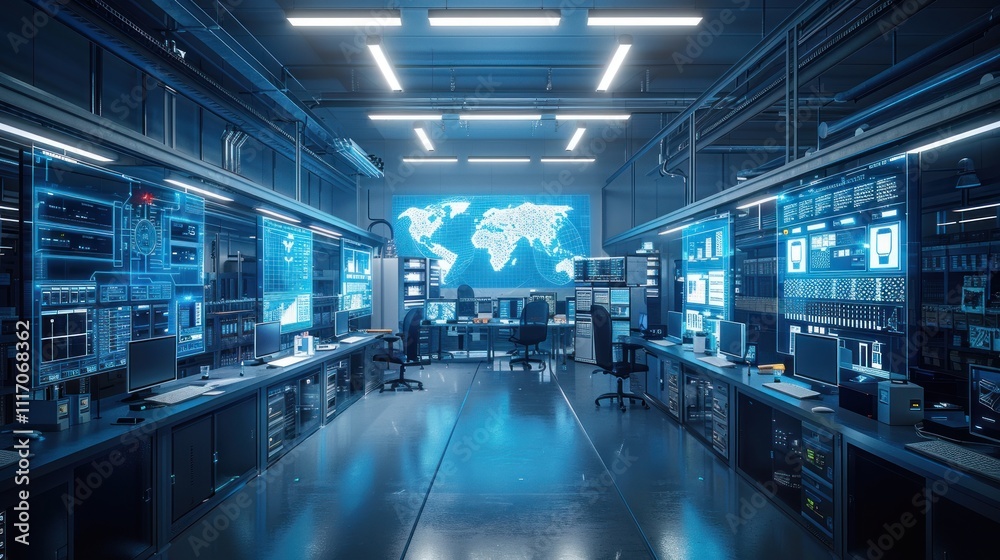 Futuristic control room with global network monitoring displays.