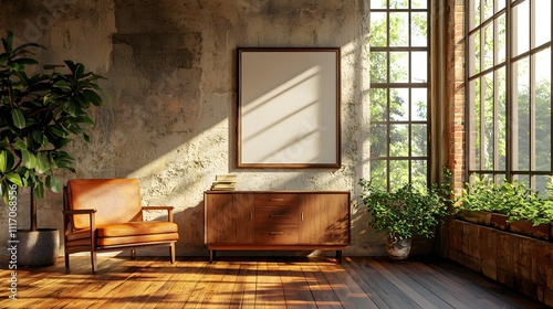 Mockup of hanging picture frame in retro interior full of sunlight and plants photo