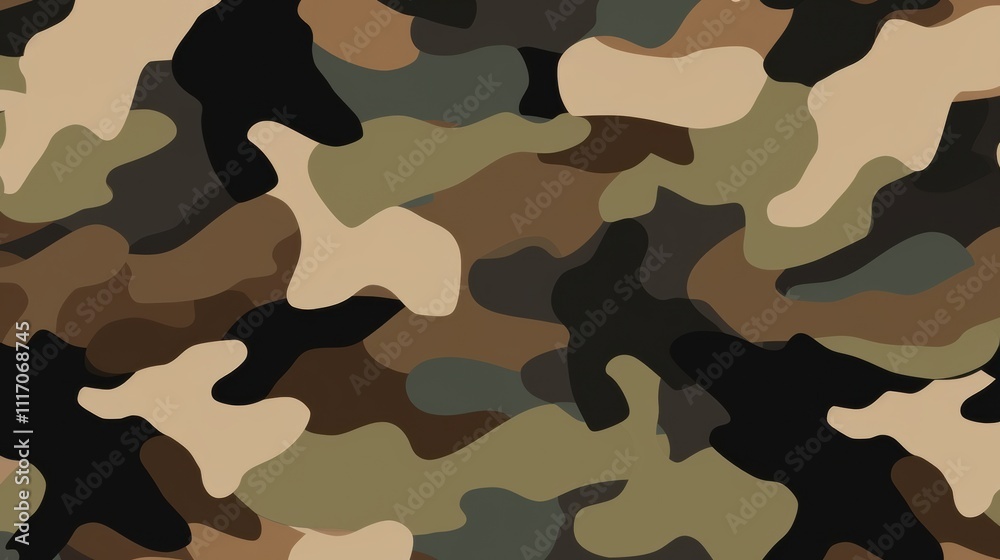 Fototapeta premium Military camouflage background with classic green, brown, and black tones in a seamless pattern suitable for print and digital use