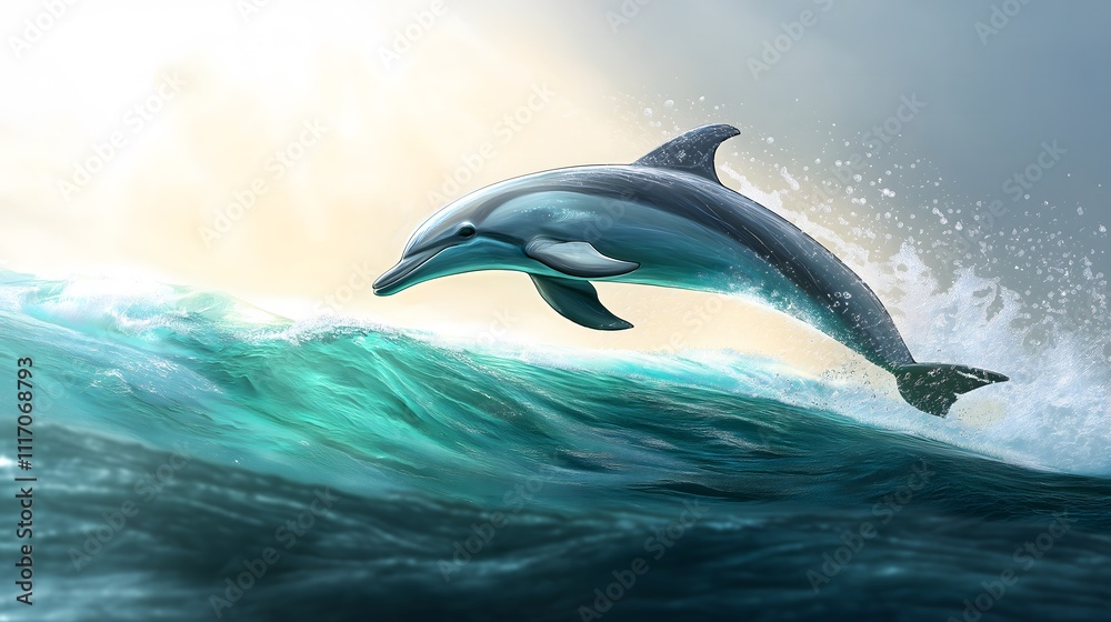 Obraz premium A majestic dolphin leaping out of turquoise ocean waters, droplets glistening in the sunlight.