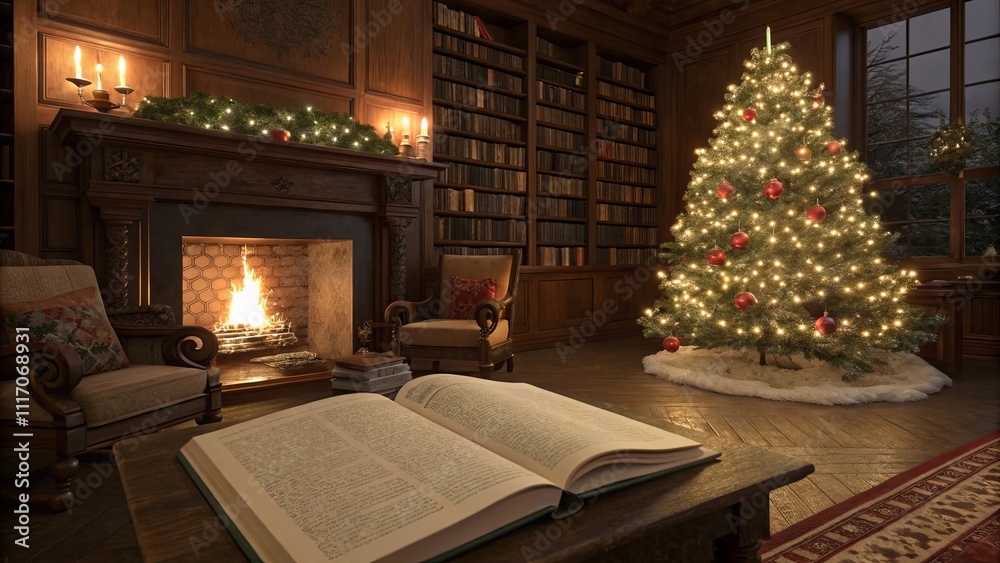A cozy living room with a fireplace and a Christmas tree A cozy living room with a fireplace and a Christmas tree