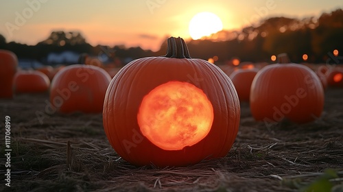 Illuminated Pumpkin At Sunset In A Field Of Pumpkins photo