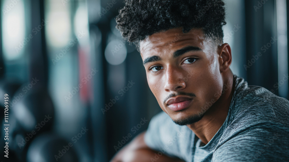 Handsome athlete in gym, focused expression, wearing workout clothes, showcasing determination and strength Handsome athlete in gym, focused expression, wearing workout clothes, showcasing determination and strength
