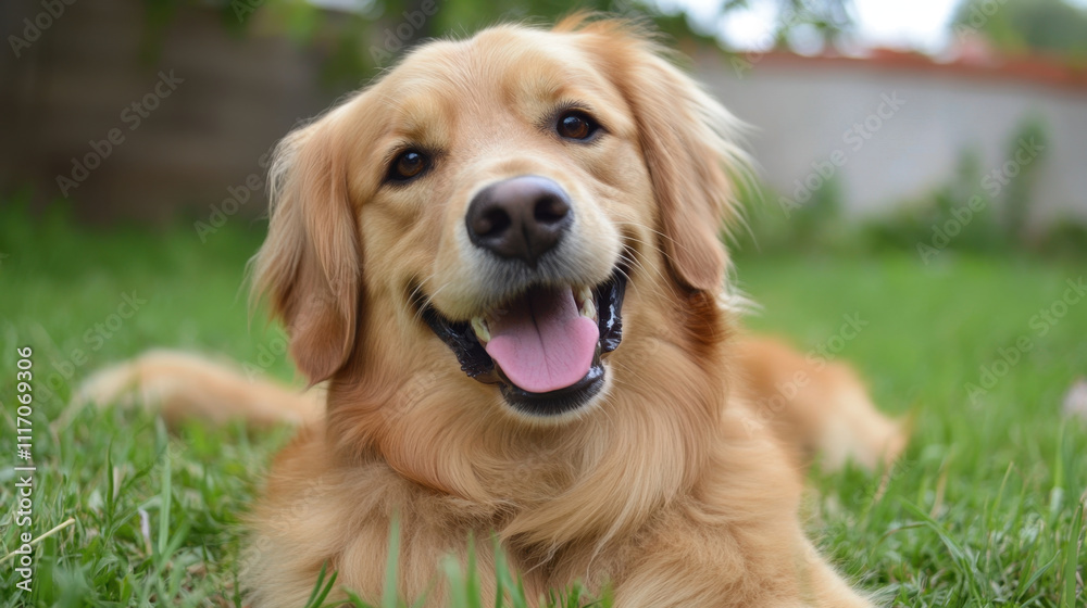 Happy golden retriever lying on green grass, enjoying sunny day. This friendly dog has joyful expression, showcasing its playful nature and love for outdoors Happy golden retriever lying on green grass, enjoying sunny day. This friendly dog has joyful expression, showcasing its playful nature and love for outdoors