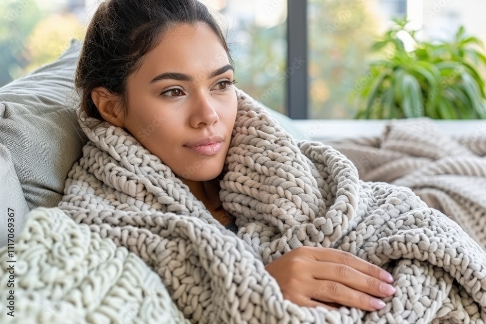 A woman is wrapped in a blanket and looking at the camera A woman is wrapped in a blanket and looking at the camera