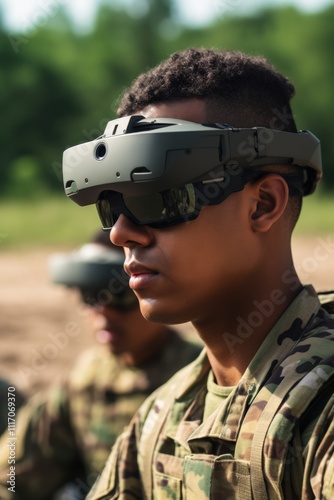 Military communication enhanced with augmented reality systems, showing soldiers using AR goggles for real-time battlefield data photo