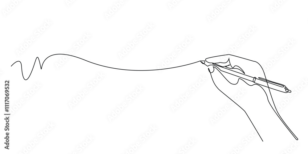 continuous line drawing of a hand holding a pen.one line drawing of a hand making free lines with a pen.single line vector illustration art and education concept.isolated white background continuous line drawing of a hand holding a pen.one line drawing of a hand making free lines with a pen.single line vector illustration art and education concept.isolated white background