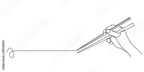 continuous line drawing of a hand holding wooden chopsticks.one line drawing of a hand with chopsticks preparing to take food.single line vector illustration.isolated white background
