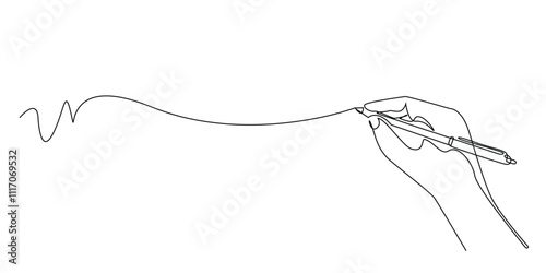 continuous line drawing of a hand holding a pen.one line drawing of a hand making free lines with a pen.single line vector illustration art and education concept.isolated white background
