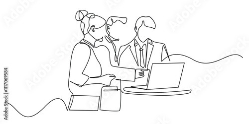 continuous line drawing of a group of business people discussing in front of a laptop.one line drawing shows business development.single line vector illustration.isolated on white background