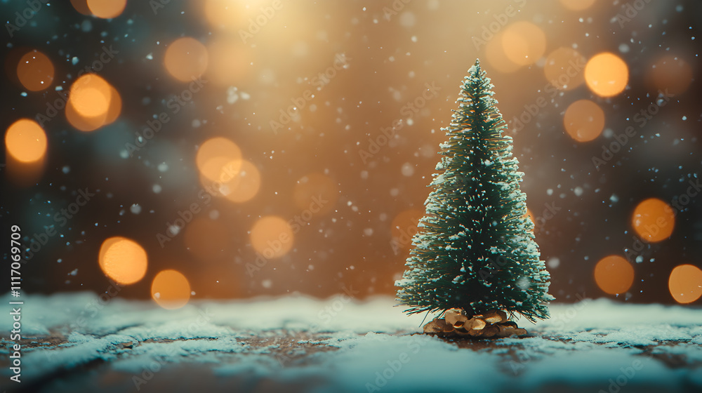Miniature Christmas tree with snow and warm lights creating a festive atmosphere during the holiday season