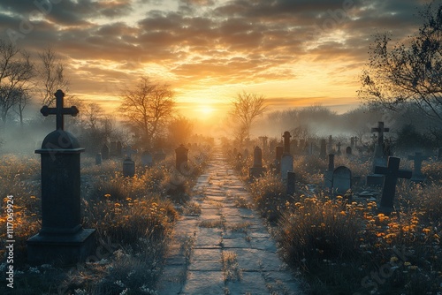 Enchanting Sunrise Over Cemetery After Spell is Broken photo