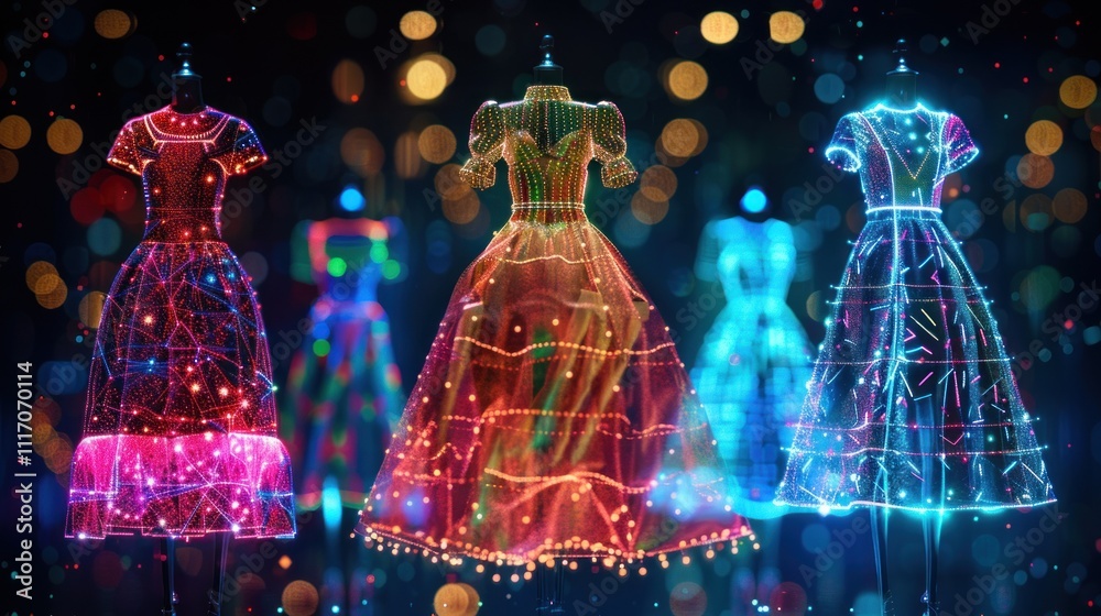 Glowing digital dresses on mannequins. Glowing digital dresses on mannequins.