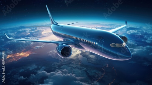 Modern air travel concept showcasing a passenger plane in space view, emphasizing innovation in long-distance travel photo