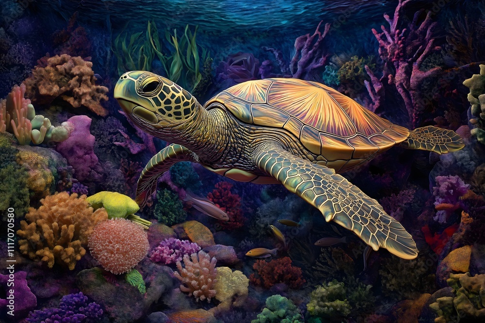 Fototapeta premium A sea turtle gliding gracefully underwater, surrounded by colorful coral and tropical fish.
