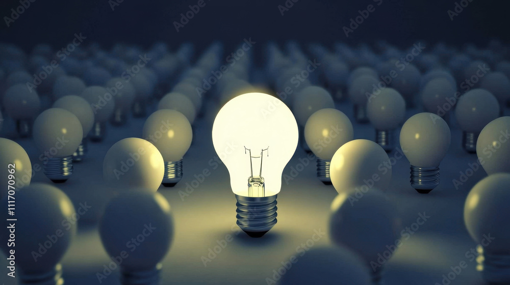 Impressive lightbulb shining and glowing in sea of bulbs, symbolizing innovation and creativity. bright light stands out, creating captivating atmosphere Impressive lightbulb shining and glowing in sea of bulbs, symbolizing innovation and creativity. bright light stands out, creating captivating atmosphere