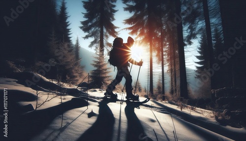 A snowshoer trekking through a forest, silhouette, action photography, aesthetics, photo