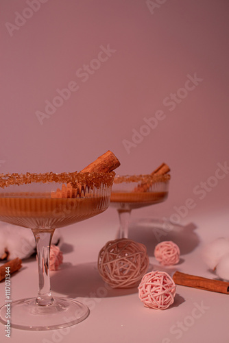 Warm Caramel Cocktail with Brandy, Sugar Rim and Cinnamon Stick for Cozy Winter Banner, Holiday Drinks Promotion. Mocha Mousse — color of the year 2025	 photo