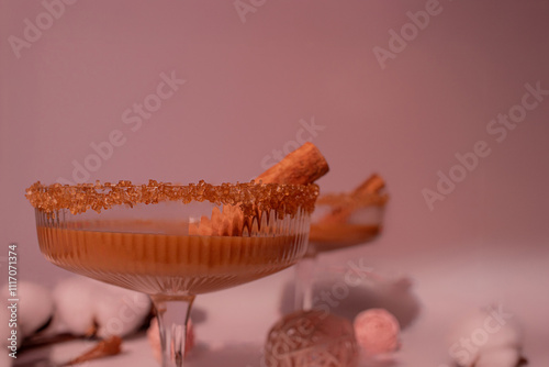 Warm Caramel Cocktail with Brandy, Sugar Rim and Cinnamon Stick for Cozy Winter Banner, Holiday Drinks Promotion. Mocha Mousse — color of the year 2025	 photo