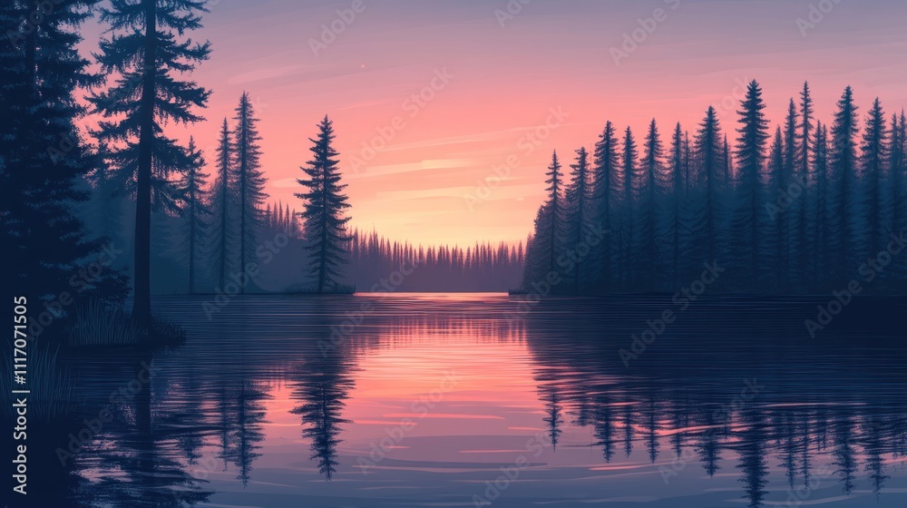 Obraz premium Serene landscape at twilight with trees reflecting in calm water.