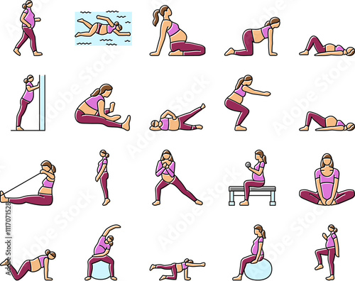 pregnant fitness icons set vector. exercise yoga, strength flexibility, wellness health, balance stamina, nutrition pregnant fitness color line illustrations