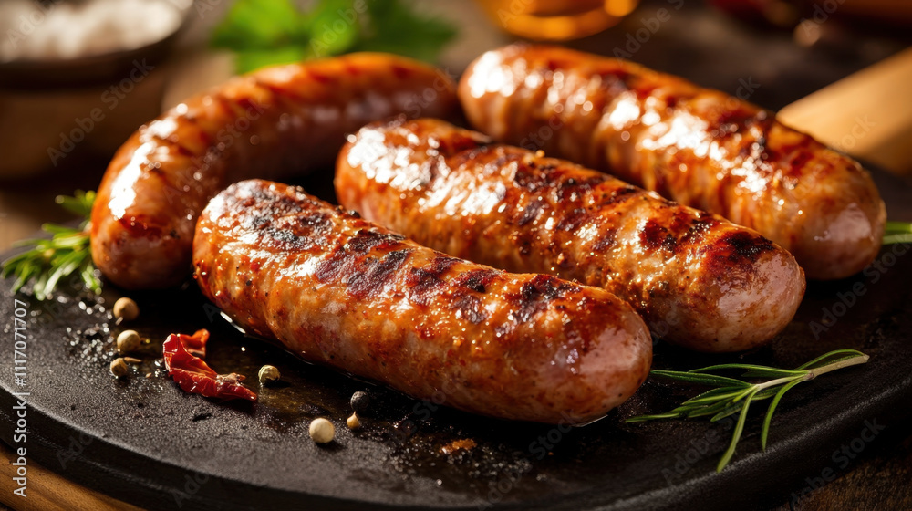 Fototapeta premium Grilled sausages on hot plate with herbs and spices, showcasing delicious meal. rich colors and textures evoke mouthwatering experience