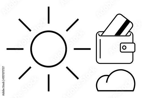 Sun icon with radiating rays, a wallet holding a credit card, and a cloud symbol. Ideal for finance, weather, travel, online transactions, savings banking and climate. Line metaphor