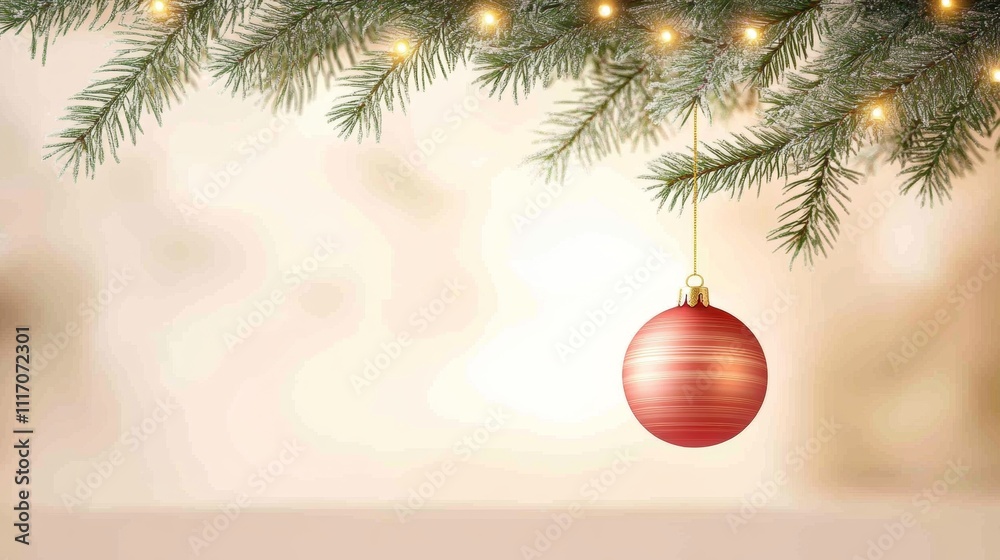 Red Christmas Ornament Hanging from a Pine Branch with Lights