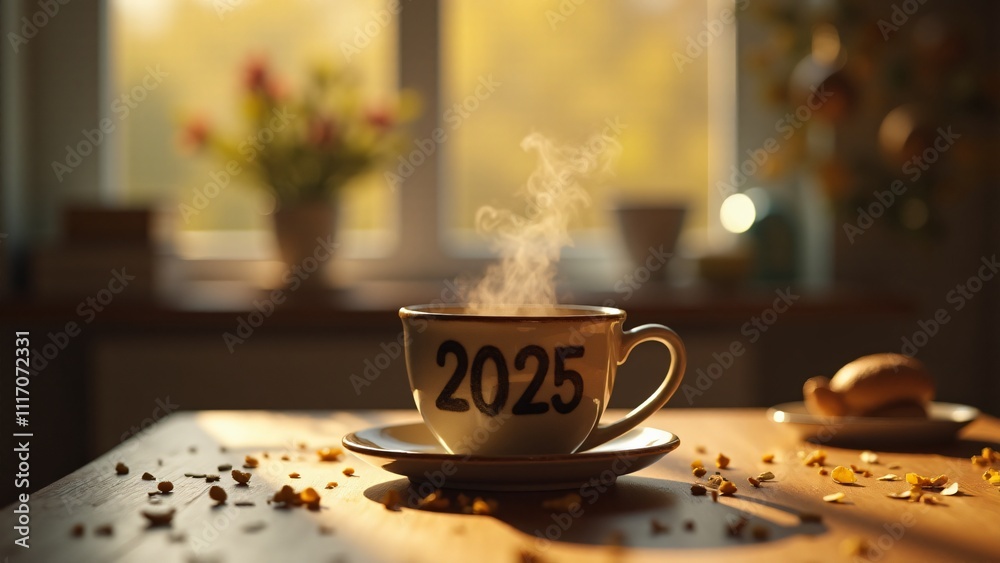Rustic coffee cup with steam forming '2025' on a wooden table. Warm golden tones and soft light evoke a cozy New Year vibe. Rustic coffee cup with steam forming '2025' on a wooden table. Warm golden tones and soft light evoke a cozy New Year vibe.