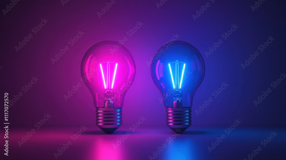 Bright magenta and blue light bulbs glowing against dark background create vibrant and modern atmosphere. Perfect for creative projects and design inspiration Bright magenta and blue light bulbs glowing against dark background create vibrant and modern atmosphere. Perfect for creative projects and design inspiration