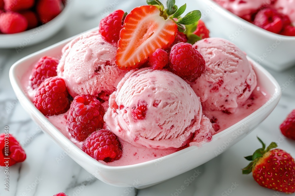 A delicious scoops of strawberry ice cream topped with fresh strawberries and raspberries A delicious scoops of strawberry ice cream topped with fresh strawberries and raspberries